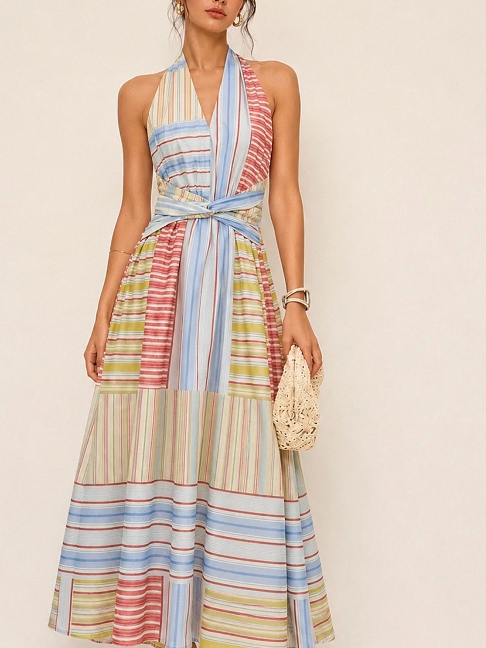 Commense Pastel Multi-Stripe Halter Maxi Dress